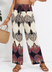 Modlily Beige Smocked Tribal Print Elastic Waist High Waisted Pants - S