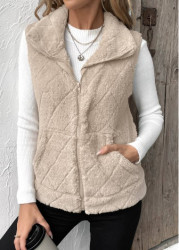 Modlily Beige Zipper Sleeveless Turn Down Collar Waistcoat - S