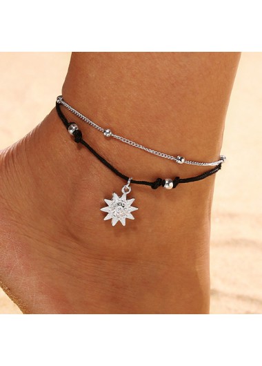 Modlily Black Alloy Beaded Sun Layered Anklet - One Size