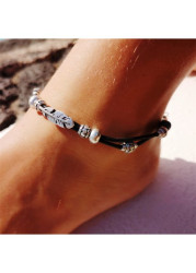 Modlily Black Alloy Layered Beaded Feather Anklet - One Size