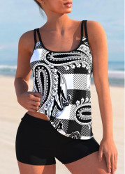 Modlily Black&White Block Print Tankini Swimsuit With Shorts Plaid And Paisley Print Spaghetti Strap Tankini Set - S