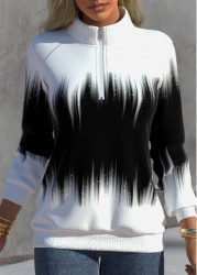 Modlily Black&White Ombre Zipper Long Sleeve Mid Neck Sweatshirt - S