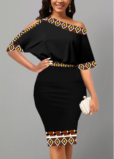 Modlily Black Asymmetry Tribal Print Half Sleeve Bodycon Dress - S