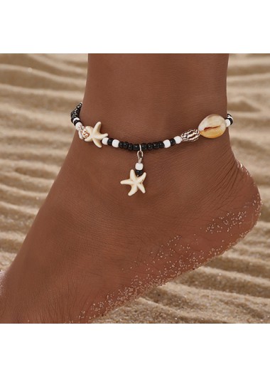 Modlily Black Beaded Seashell Detailed Polyresin Anklet - One Size