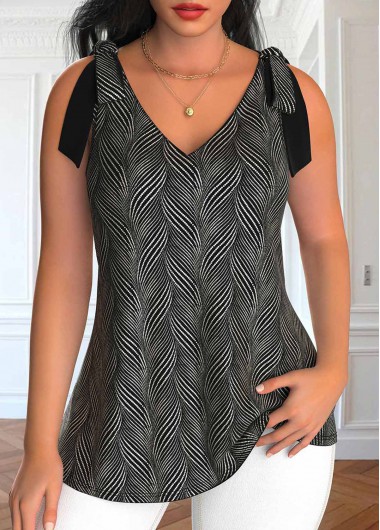 Modlily Black Bowknot Geometric Print Sleeveless V Neck Tank Top - S