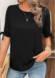 Modlily Black Bowknot Half Sleeve Round Neck T Shirt - S