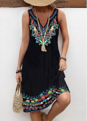 Modlily Black Breathable Tribal Print A Line Sleeveless Dress - S