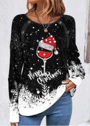 Modlily Black Button Christmas Print Long Sleeve Round Neck Sweatshirt - L