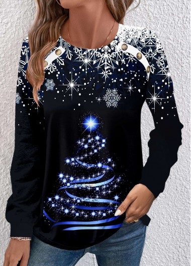 Modlily Black Button Christmas Tree Print Long Sleeve Sweatshirt - S