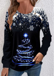 Modlily Black Button Christmas Tree Print Long Sleeve Sweatshirt - S