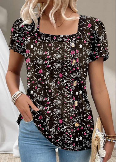 Modlily Black Button Ditsy Floral Print Short Sleeve T Shirt - S