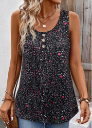 Modlily Black Button Ditsy Floral Print Sleeveless Tank Top - S