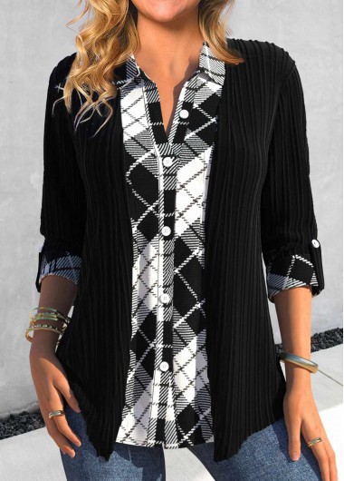 Modlily Black Button Fake 2in1 Plaid Blouse - S