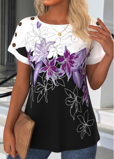 Modlily Black Button Floral Print Half Sleeve T Shirt - S