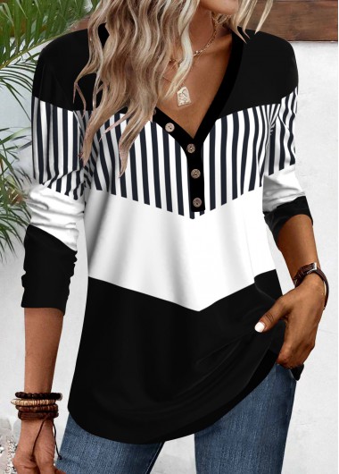 Modlily Black Button Geometric Print Long Sleeve T Shirt - S