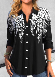 Modlily Black Button Leaf Print Long Sleeve Blouse - S