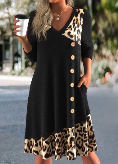 Modlily Black Button Leopard A Line 3/4 Sleeve Dress - S