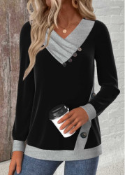 Modlily Black Button Long Sleeve V Neck Sweatshirt - M