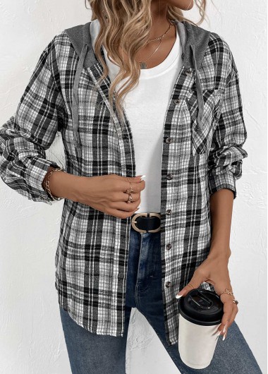 Modlily Black Button Plaid Long Sleeve Hoodie - M