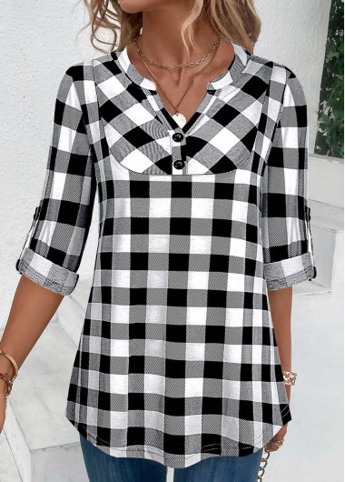 Modlily Black Button Plaid Three Quarter Length Sleeve Blouse - S