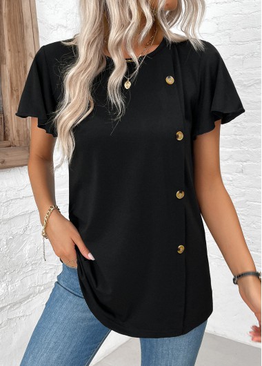 Modlily Black Button Short Sleeve Round Neck T Shirt - S