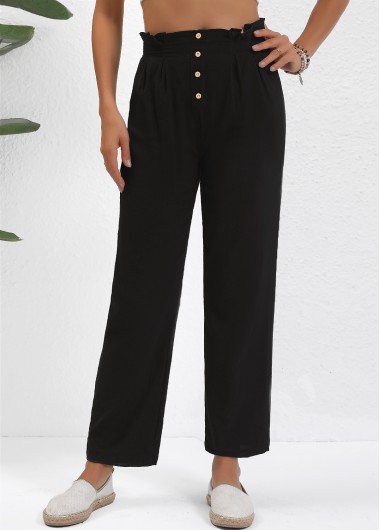 Modlily Black Button Straight Leg Elastic Waist High Waisted Pants - S