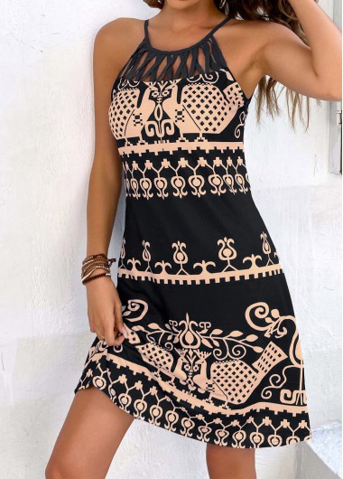 Modlily Black Cage Neck Tribal Print Dress - 2XL