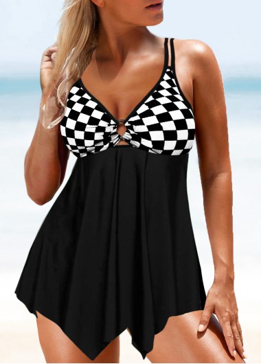 Modlily Black Checkered Print Asymmetric Hem Swimdress Top - S