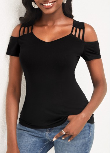 Modlily Black Cold Shoulder Short Sleeve T Shirt - XXL