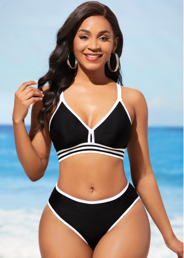 Modlily Black Contrast Stitch Cross Strap Bikini Set - XL