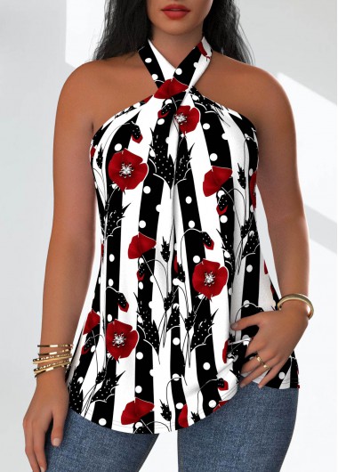 Modlily Black Criss Cross Floral Print Sleeveless Tank Top - S