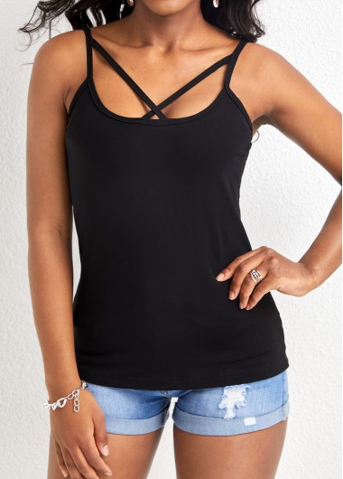 Modlily Black Criss Cross Strappy Square Neck Camisole Top - L