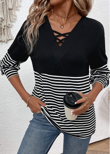 Modlily Black Criss Cross Striped Long Sleeve T Shirt - S