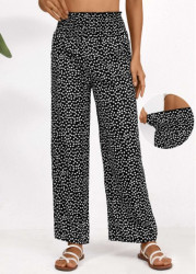 Modlily Black Ditsy Floral Print Straight Leg Elastic Waist Pants - S