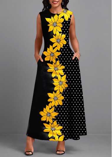 Modlily Black Double Side Pockets Floral Print Sleeveless Maxi Dress - S