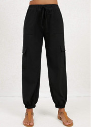 Modlily Black Double Side Pockets Jogger Elastic Waist Pants - S