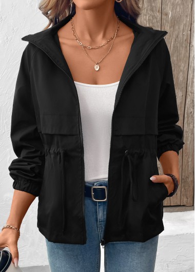 Modlily Black Drawstring Long Sleeve Hooded Coat - S