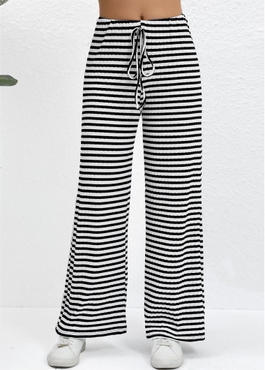 Modlily Black Drawstring Striped Wide Leg Drawastring High Waisted Pants - S