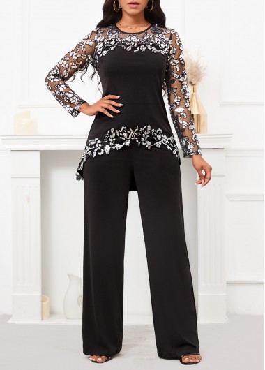 Modlily Black Embroidery Long Round Neck TOP  and Pants - S