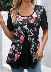 Modlily Black Fake 2in1 Floral Print T Shirt - S