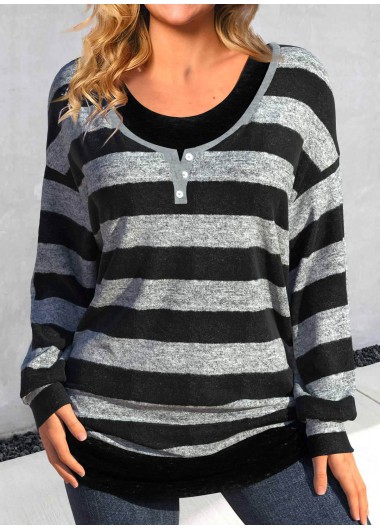 Modlily Black Fake 2in1 Striped Long Sleeve T Shirt - S