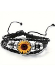 Modlily Black Faux Leather Sunflower Adjustable Bracelet - One Size