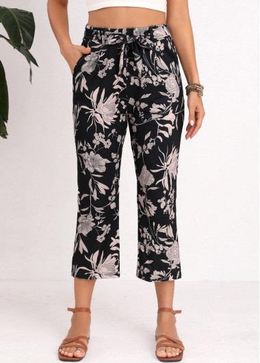 Modlily Black Floral Print Belted Regular Elastic Waist Pants - S