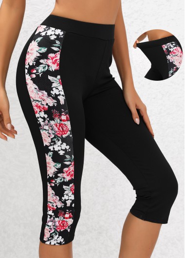 Modlily Black Floral Print High Waisted Capri Elastic Waist Leggings - S