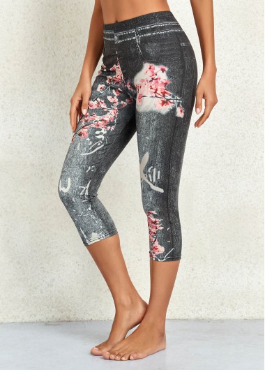 Modlily Black Floral Print Mid Waisted Capri Leggings - XL