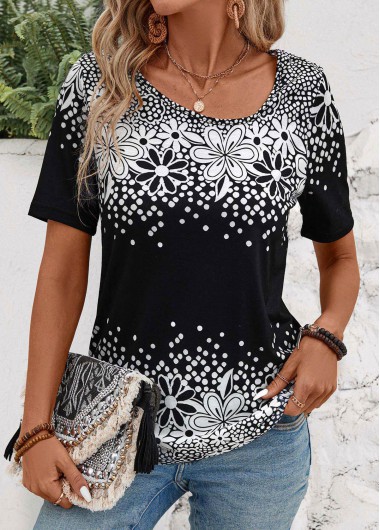 Modlily Black Floral Print Short Sleeve Asymmetrical Neck T Shirt - S