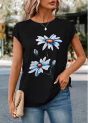 Modlily Black Floral Print Short Sleeve T Shirt - 2XL