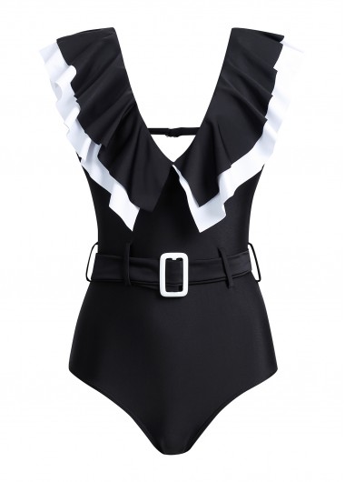 Modlily Black Flounce Buckle Detail One Piece Swimwear - M