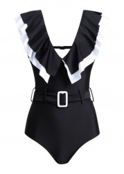 Modlily Black Flounce Buckle Detail One Piece Swimwear - XL