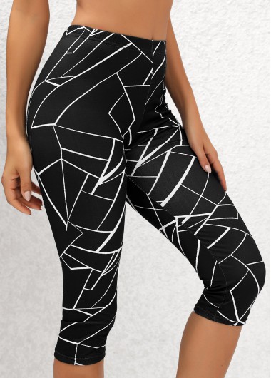 Modlily Black Geometric Print High Waisted Capri Elastic Waist Leggings - S